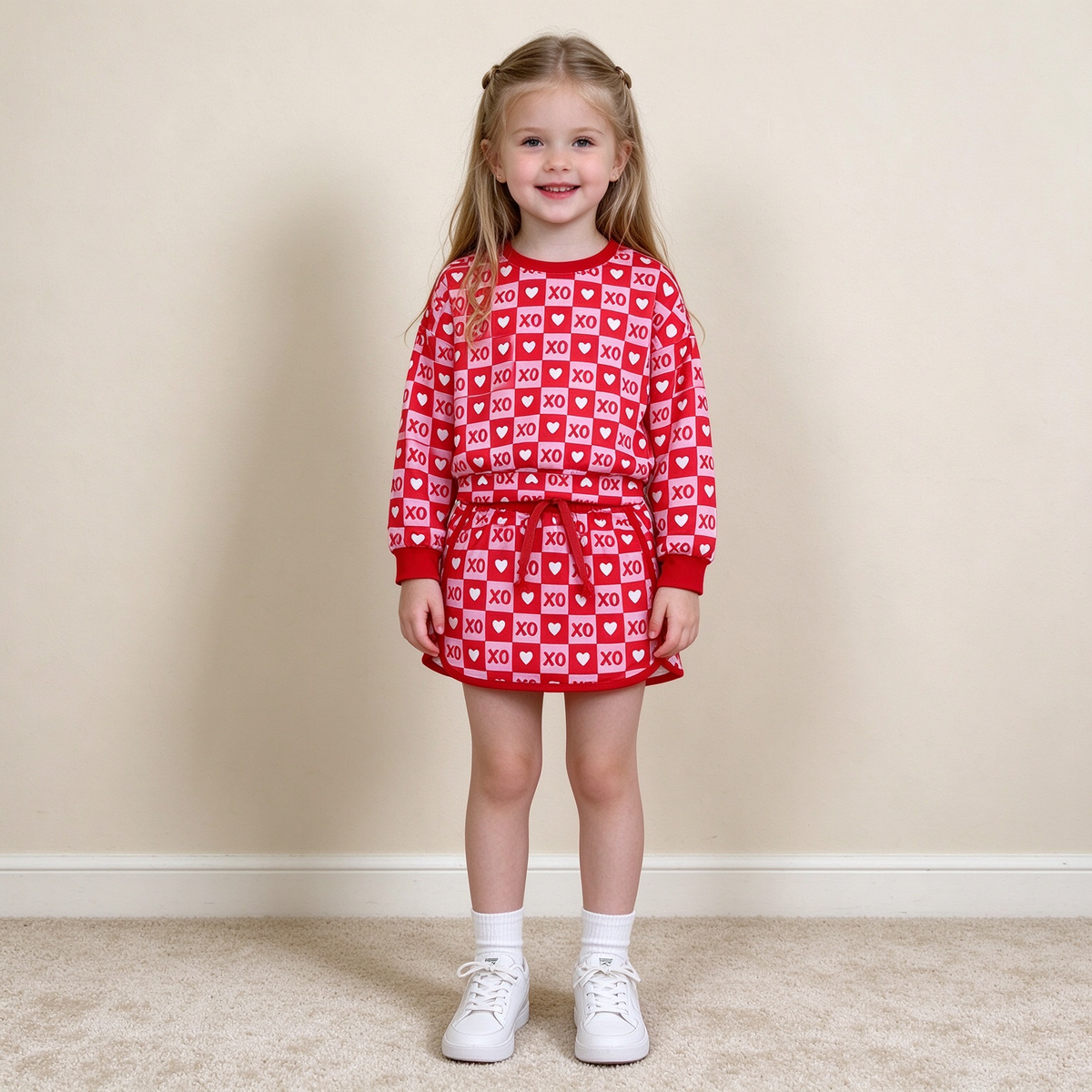 NEW RTS NO MOQ milk silk GLD1826 Baby Girls Valentines Hearts XOXO Checked Print Long Sleeve Top Skirt Short Clothes Set