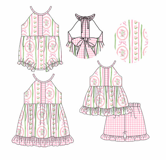 2.20 custom each style moq 5eta 4-6week Sibling Sisters floral bow baby girl short sleeve shorts sets and dress and rompers match family design