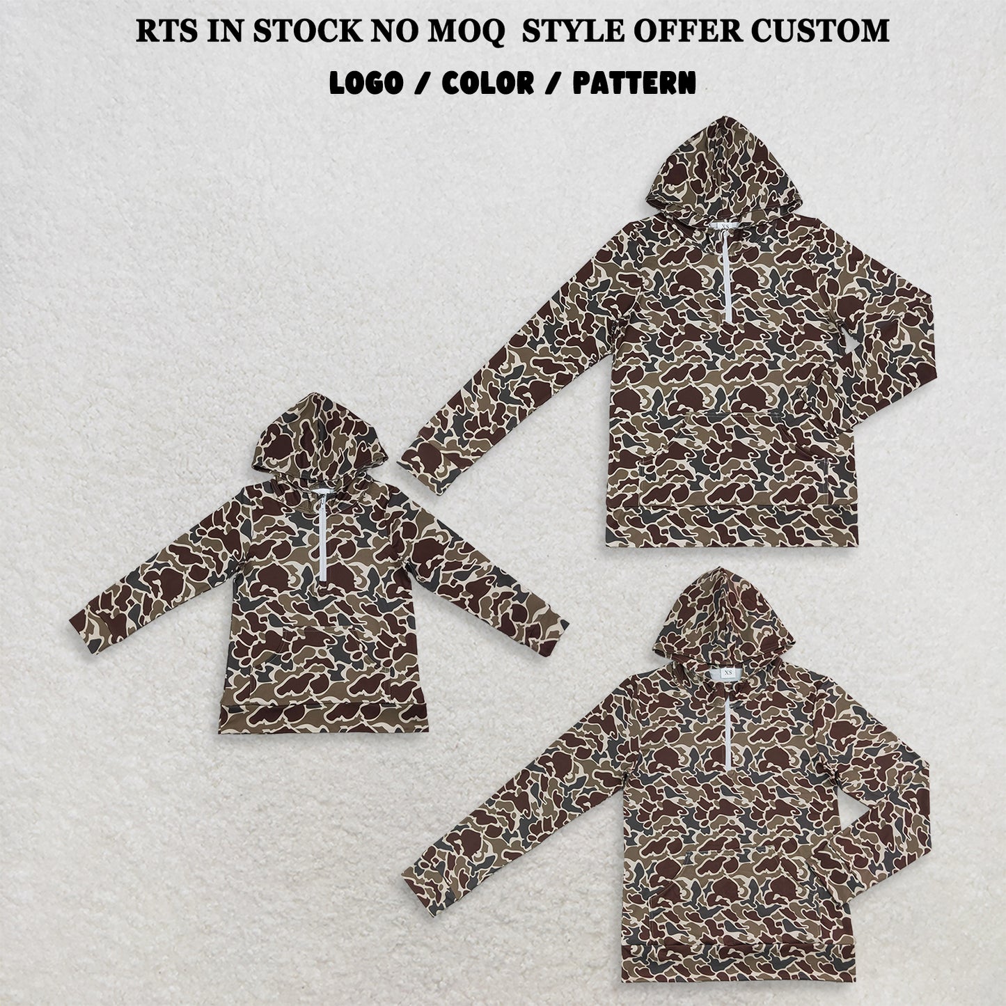 RTS NO MOQ milk silk Sibling Adult To Match Kids Long Sleeve Dark Khaki Camo Print Zip Pocket Hoodies Tops Casual Tops