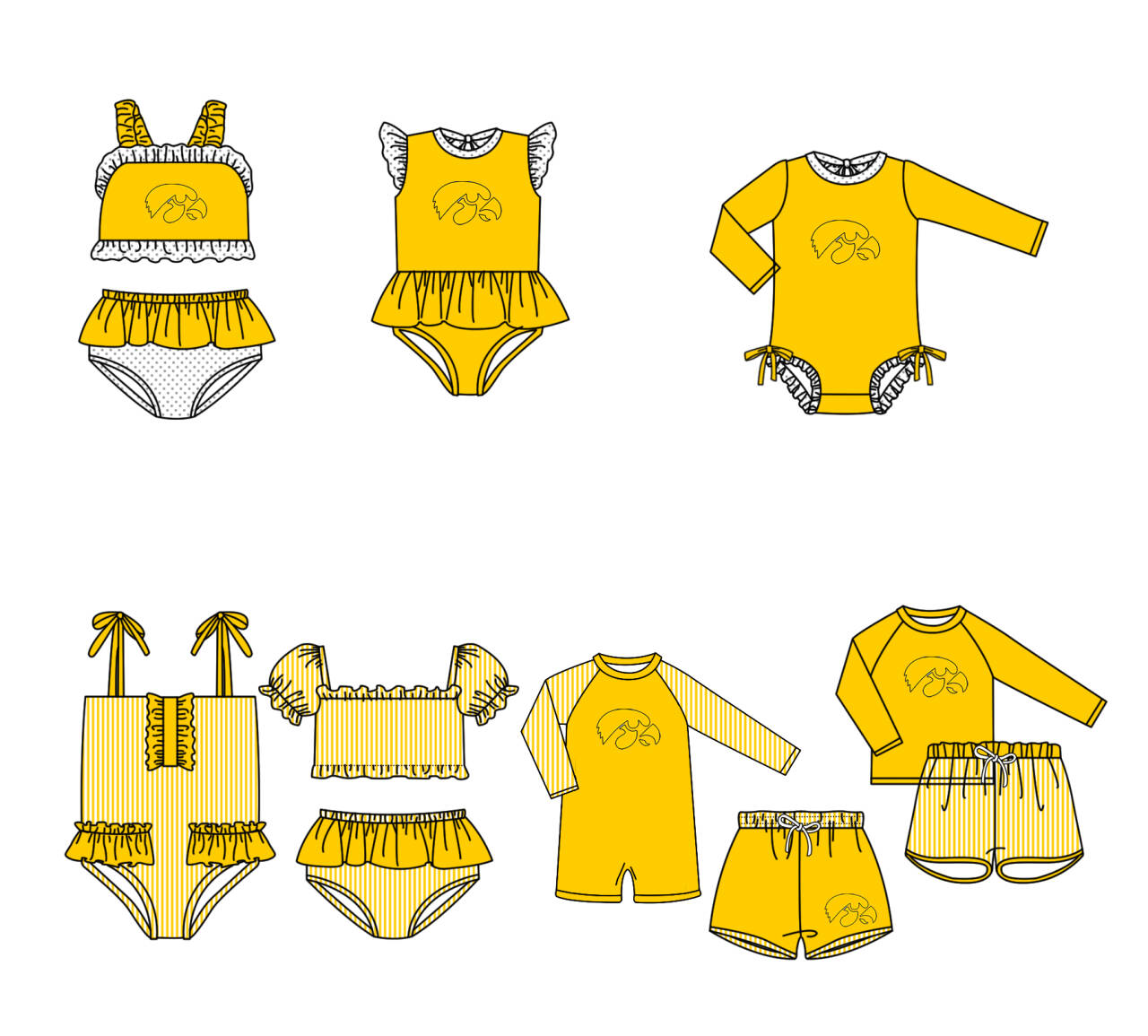 Custom moq 5 mix size milk silk summer teams baby girl boys clothes Yellow Two-Piece Swimsuit Set One Piece Swimsuits boy swim trunks