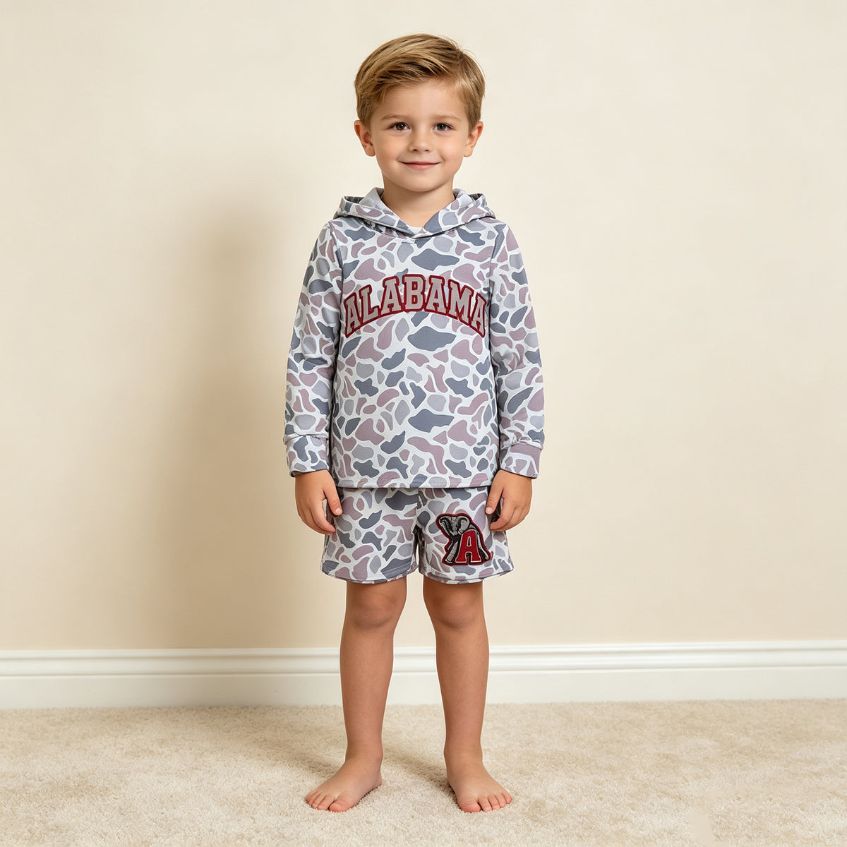NEW RTS NO MOQ milk silk BLS0044 Baby Boys Grey Camo Long Sleeve Hoodie Short Team Set