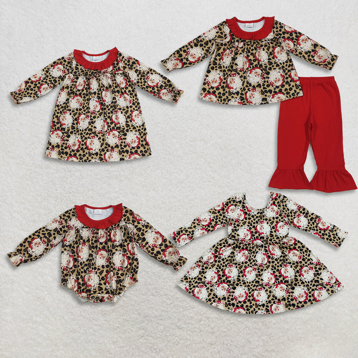 RTS NO MOQ Sibling milk silk Baby Girls Leopard Santa Print Long Sleeve Top Pant Set Christmas Dress Romper Ruffle Neck Christmas Outfit