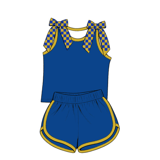custom moq 5 mix size Baby Girls Blue Checked Bow Sleeveless Top Shorts Summer Casual Outfit Set