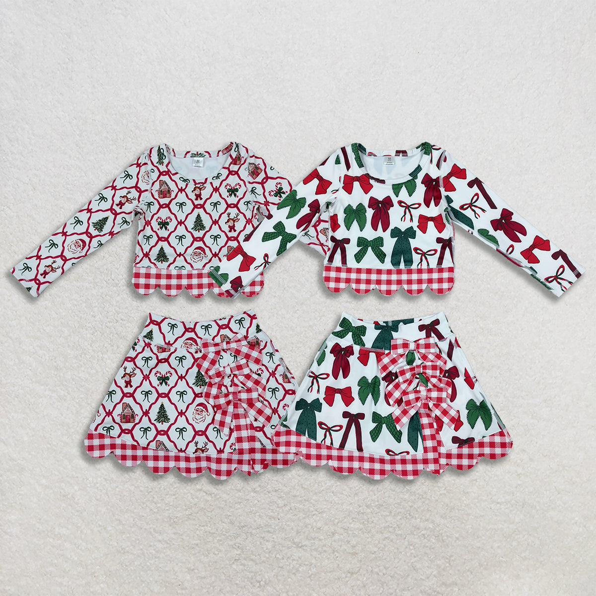 RTS NO MOQ Sibling yoga fabric Baby Girls Christmas Print Long Sleeve Top And Scallop Skirt Yoga Outfit