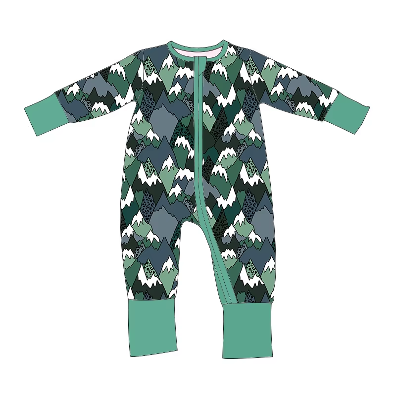 Custom moq 3 eta 6-8 weeks Green Peak Long Sleeve Zip-Up Romper
