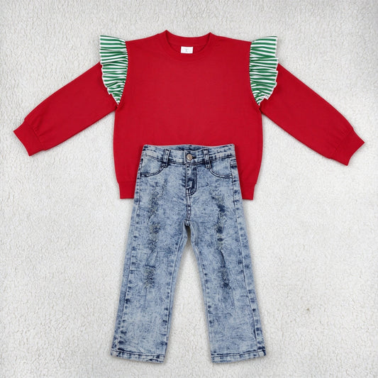 NEW RTS NO MOQ Denim GT1844+ P0244 Baby Girls Green White Striped Ruffle Shoulder Long Sleeve Red Top Ripped Straight Leg Denim Jeans Outfit