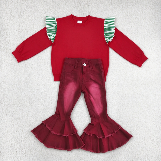 NEW RTS NO MOQ Denim GT1844+ P0004 Baby Girls Red Top Green White Stripe Ruffle Shoulder Shirt Maroon Frayed Double Ruffle Flare Jean Denim Pant Set