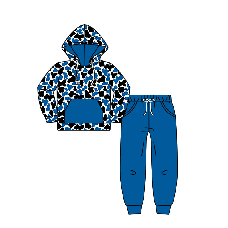 Custom moq 5 mix size milk silk summer teams baby girls clothes camouflage blue hooded long sleeve pants sets 2 and boy pants sets and pant-25.8.9