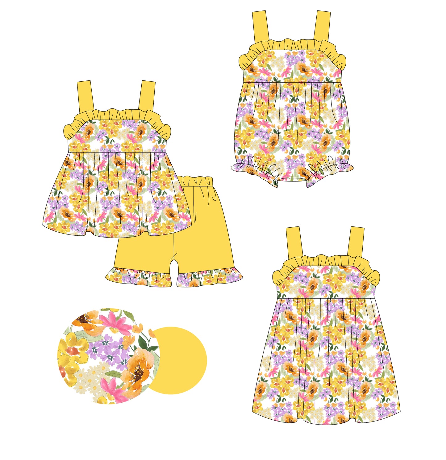 3.5 custom each style moq 5eta 4-6week Sibling Sisters floral baby girl short sleeve shorts sets and dress and rompers match family design