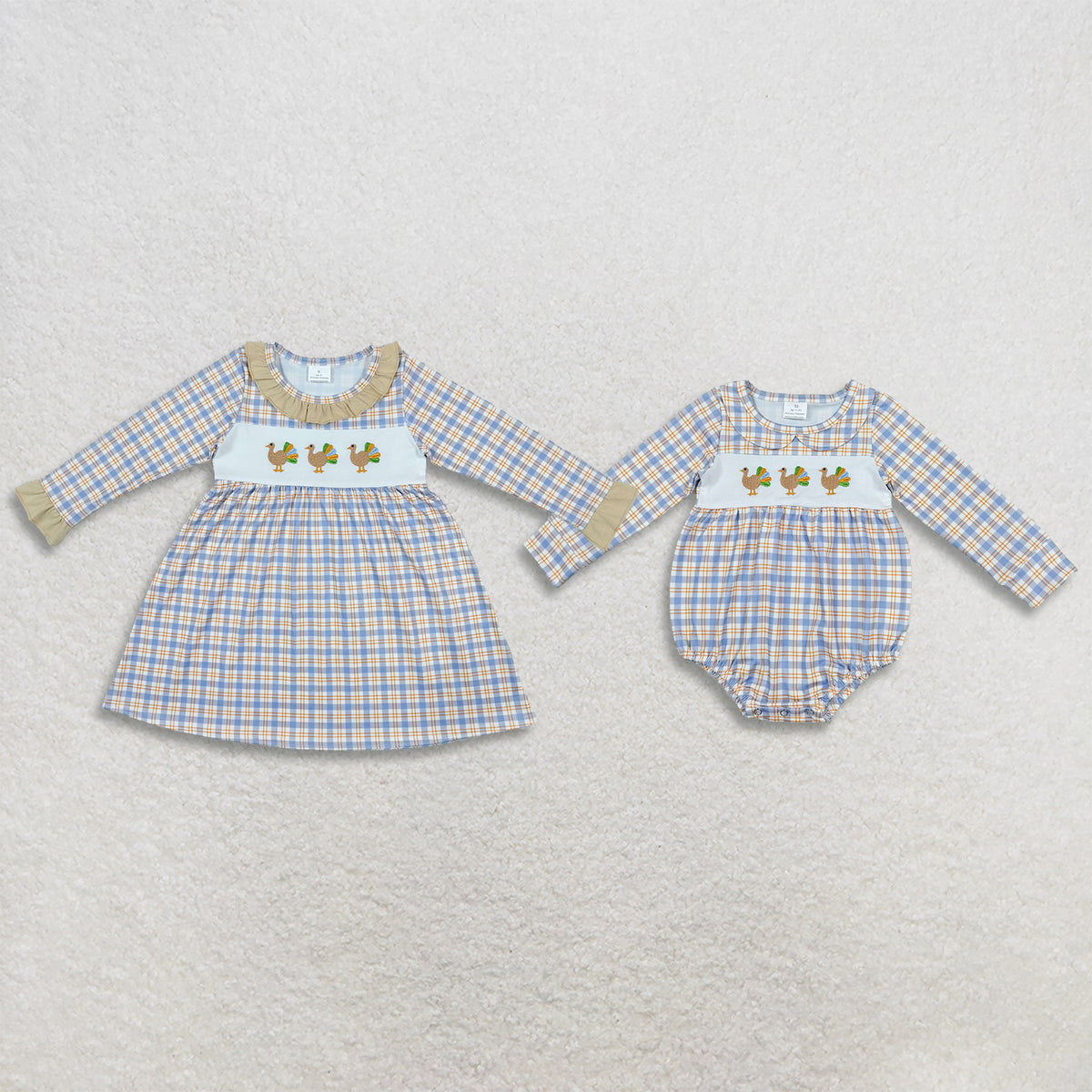 RTS NO MOQ Sibling milk silk Embroidered Baby Girls Thanksgiving Plaid Turkey Embroidery Long Sleeve Dress Ruffle Neck Outfit Romper