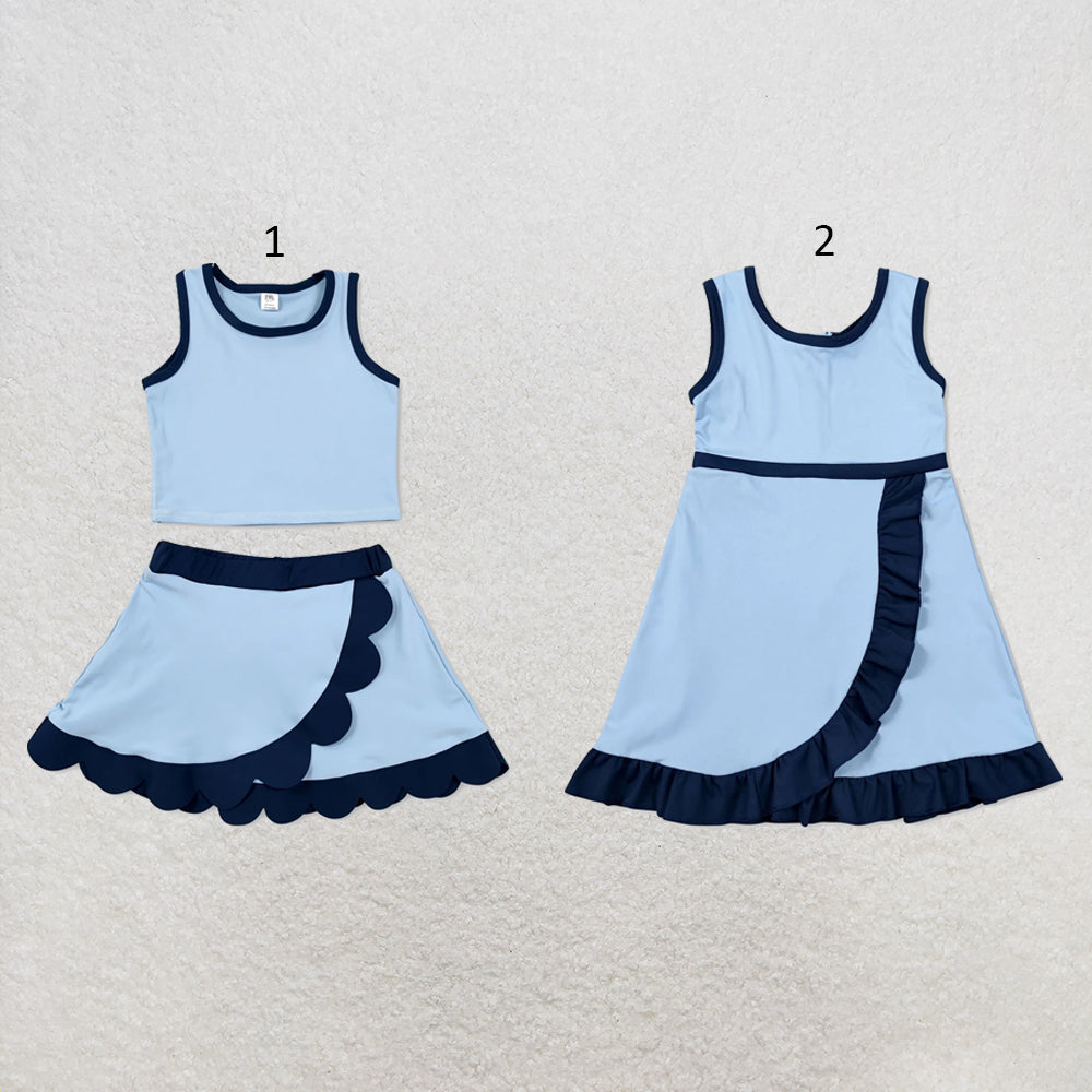 RTS NO MOQ Sibling cotton Baby Girls Navy Blue Sleeveless Vest Scallop Skirt Yoga Active Set Short Knee Length Dress