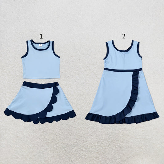 RTS NO MOQ Sibling yoga fabric cotton Baby Girls Navy Blue Sleeveless Vest Scallop Skirt Yoga Active Set Short Knee Length Dress
