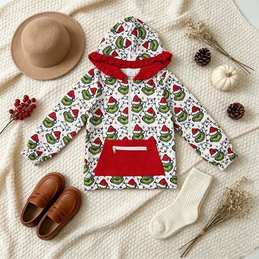NEW RTS NO MOQ milk silk GT1163 Cute Clothes Baby Girls Christmas Plaid Print Pocket Zipper Christmas Hoodie