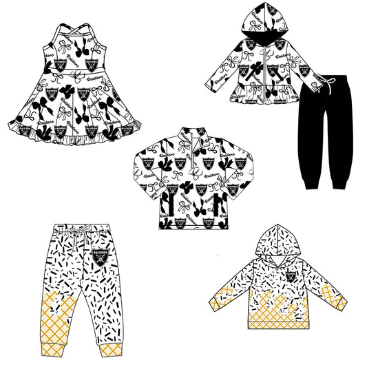 Custom moq 5 mix size milk silk summer teams baby girls clothes bow black hooded long sleeve pants sets and dress and top and hooded top and pant-25.8.12