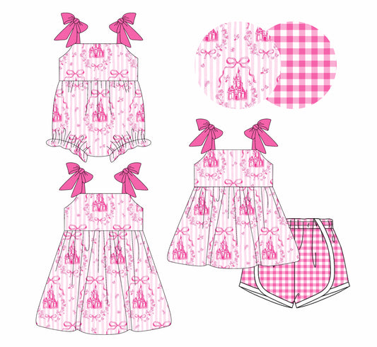 4.10 custom each style moq 5eta 4-6week Sibling Sisters bow pink baby girl short sleeve shorts sets and dress and rompers match family design