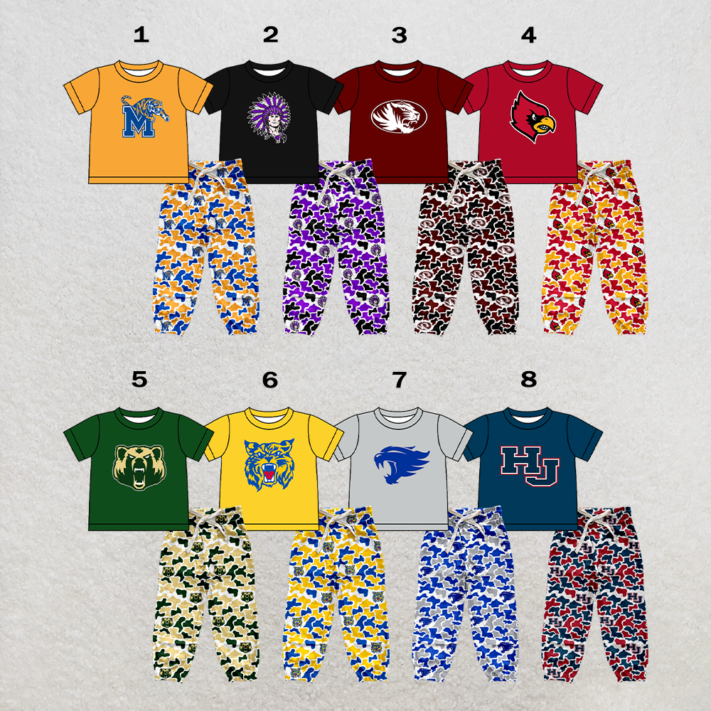 custom moq 5 mix size XY062601 Baby Boys Short Sleeve Top And Camouflage Drawstring Waist Pants Clothes Set