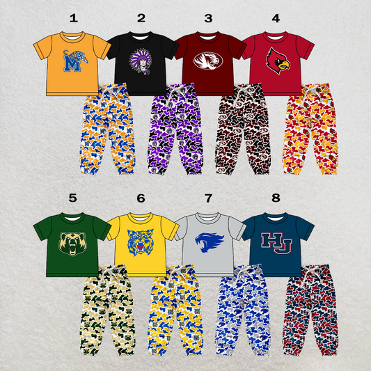 custom moq 5 mix size XY062601 Baby Boys Short Sleeve Top And Camouflage Drawstring Waist Pants Clothes Set