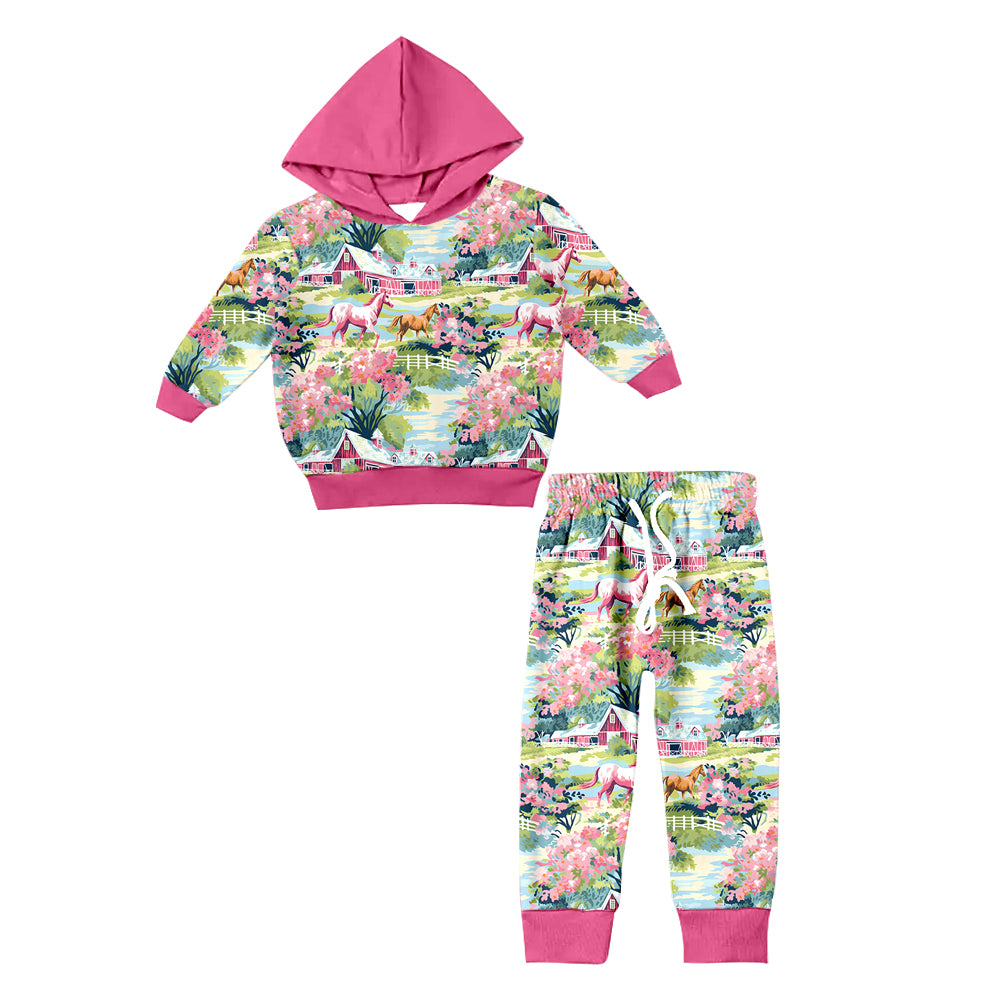 8.26 custom each style moq 5eta 4-6week Sibling Sister horse floral baby girl sets and dress match family design