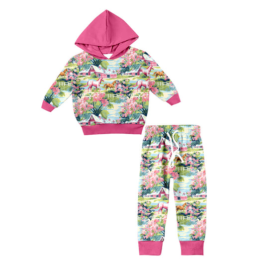 8.26 custom each style moq 5eta 4-6week Sibling Sister horse floral baby girl sets and dress match family design