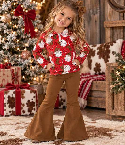 NEW RTS NO MOQ milk silk GLP3509 Baby Girls Holly Santa Zip Pockets Pullovers Flare Pant Christmas Clothes Set