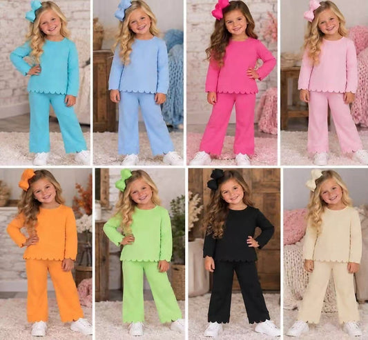 RTS NO MOQ Sibling cotton Baby Girls Solid Color Scallop Trim Long Sleeve Top And Pant Outfit Set