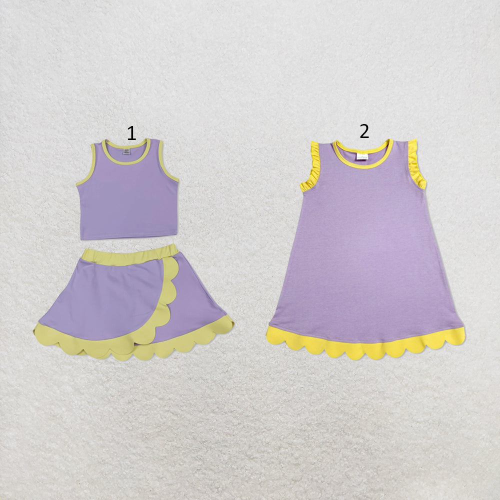 RTS NO MOQ Sibling cotton Baby Girls Lavender Yellow Sleeveless Vest And Scallop Hem Short Skirt Yoga Active Sport Set Scallop Knee Length Dresses