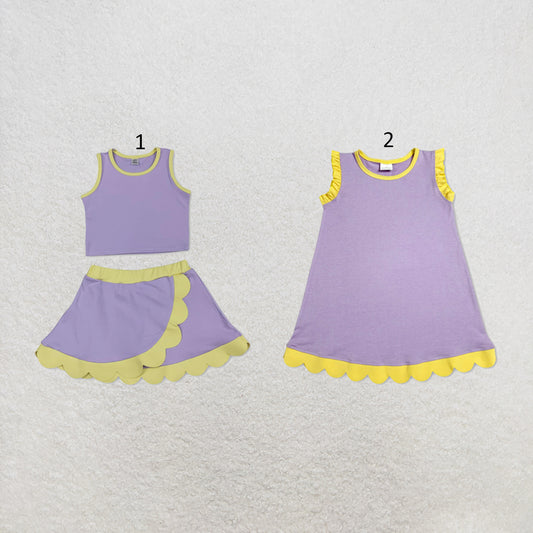 RTS NO MOQ Sibling cotton Baby Girls Lavender Yellow Sleeveless Vest And Scallop Hem Short Skirt Yoga Active Sport Set Scallop Knee Length Dresses