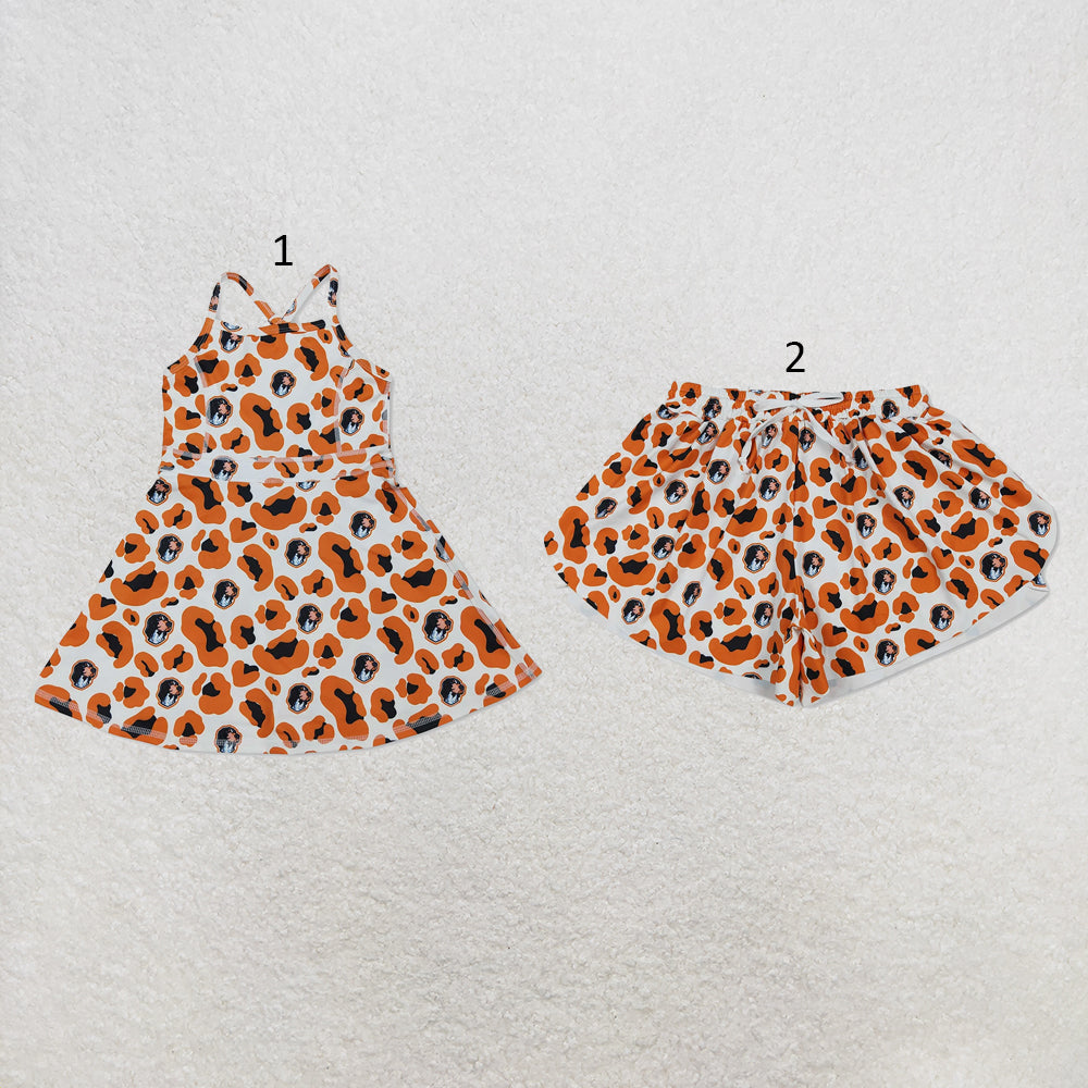 RTS NO MOQ Sibling milk silk Baby Girls Orange Leopard Team Strap Knee Length Dress Adult Women Team Yoga Active Butterfly Shorts Bottoms