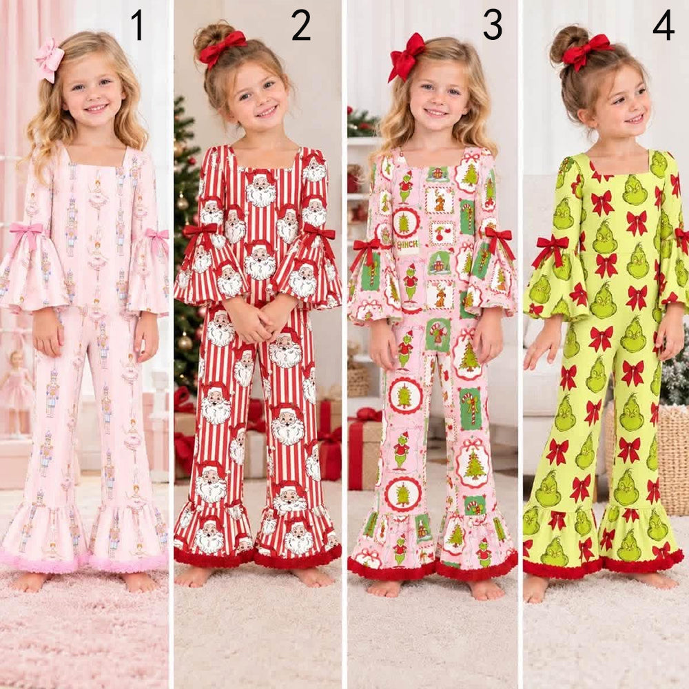custom moq 5 mix size TICH01 Baby Girls Print Bell Sleeve Square Neck Bow Flare Christmas Jumpsuit