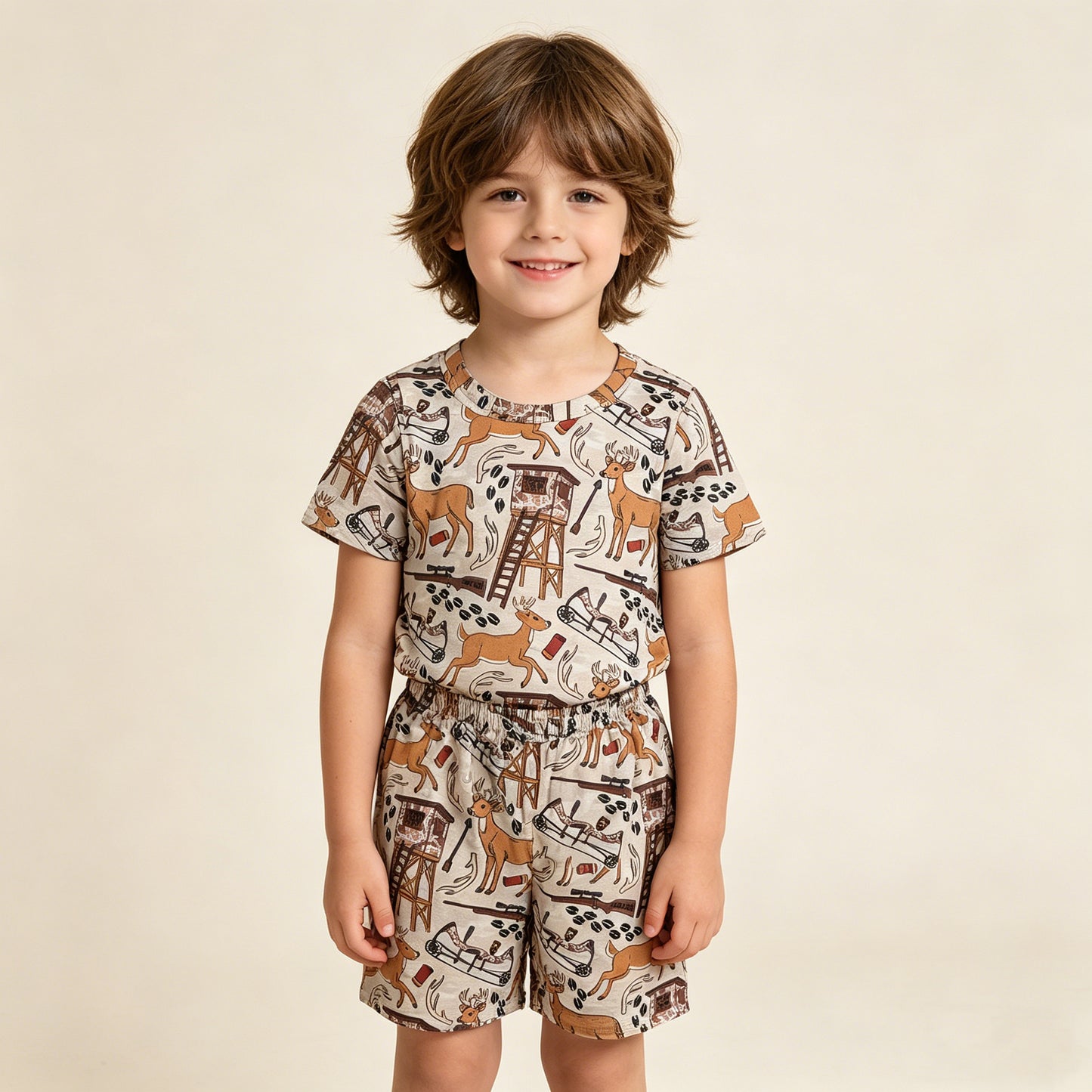 RTS NO MOQ BSSO1559 Baby Boys Khaki Deer Print Pajamas Set Short Sleeve Top And Shorts Hunting Sleepwear for Infants