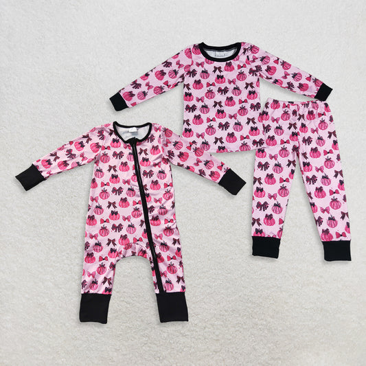 RTS NO MOQ Sibling milk silk Baby Girls Pink Bow Pumpkin Top Pants Pajamas Clothes Set Two Way Zip Convertible Rompers