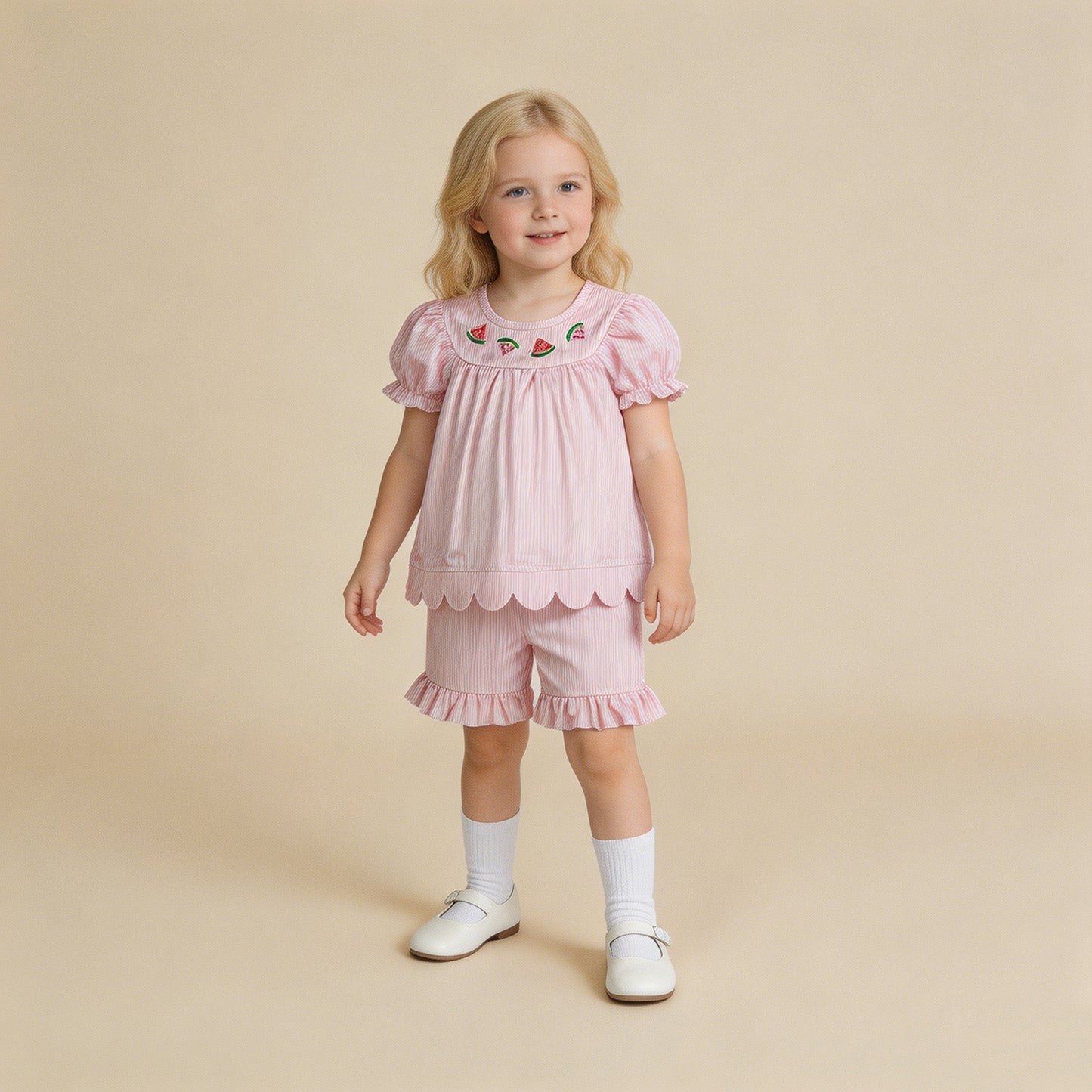 RTS NO MOQ milk silk GSSO3239 Baby Girls Embroidered Watermelon Pink Stripe Scallop Tunic Ruffle Shorts Set