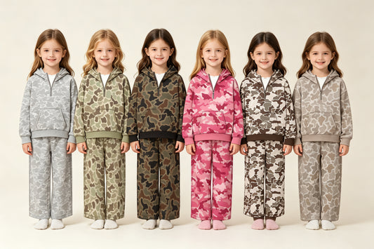 (Preorder new) No moq Baby Girls Camo Zip Pocket Hoodie Flare Pant Clothes Sets Autumn Baby Casual Outfit