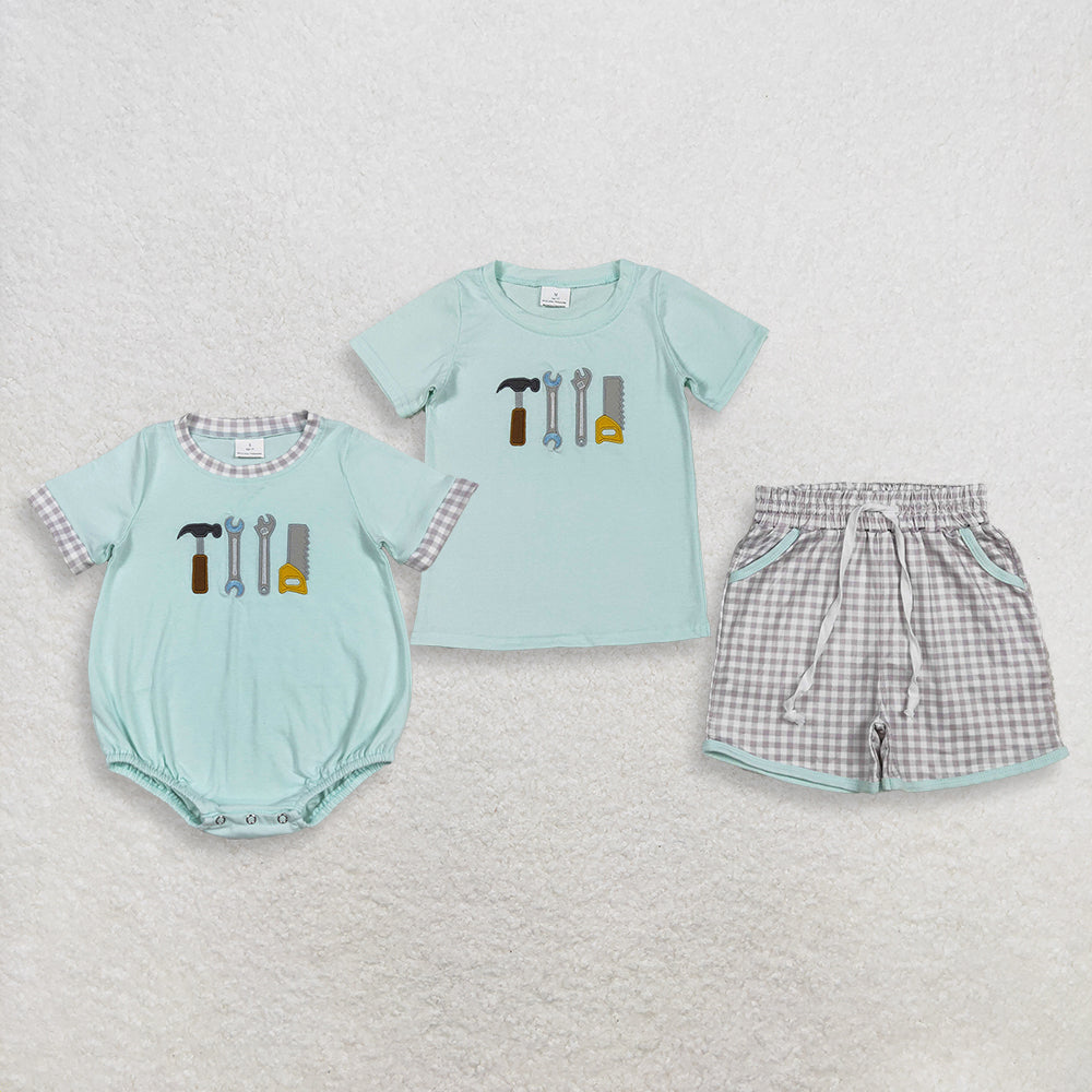 RTS NO MOQ Sibling Baby Boys Embroidery Tools Short Sleeve  Top Checked Pockets Shorts Set  Short Sleeve Rompers