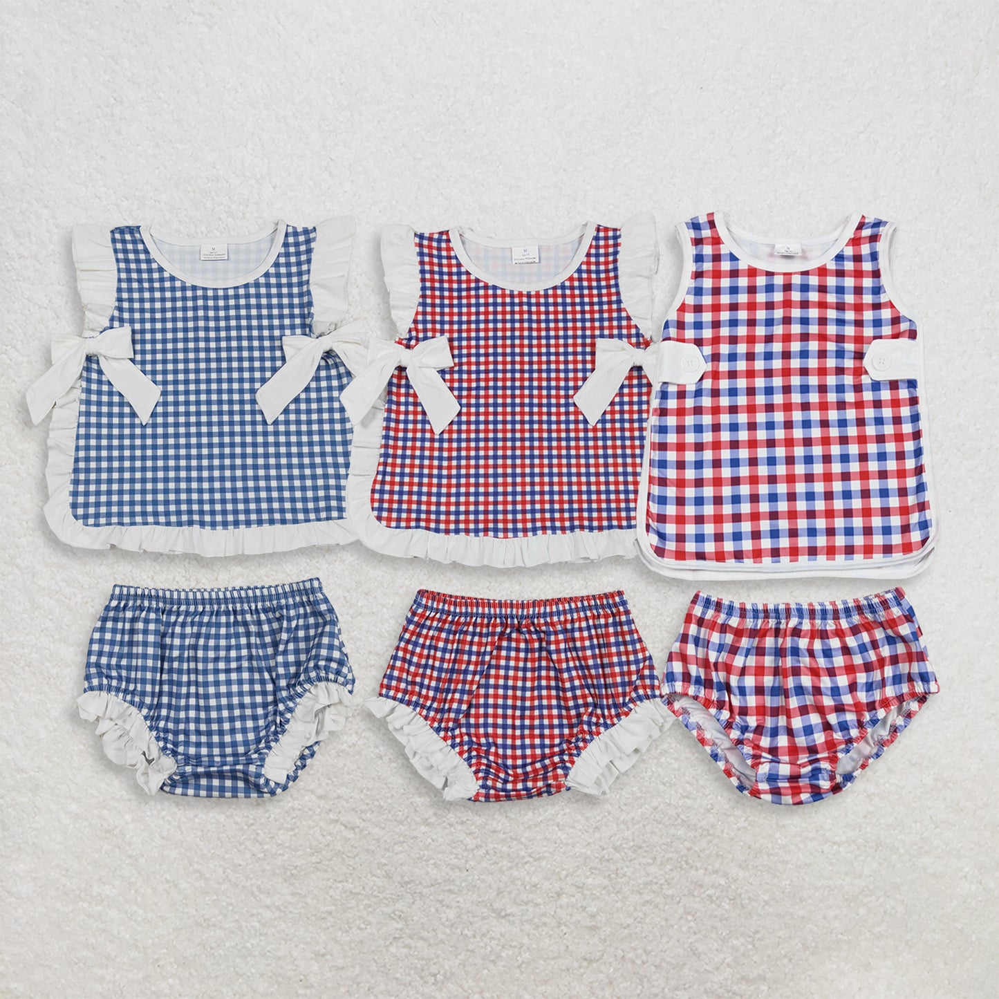 RTS NO MOQ Sibling milk silk Baby Girls Checked Bows Tunic Bummies Clothes Sets