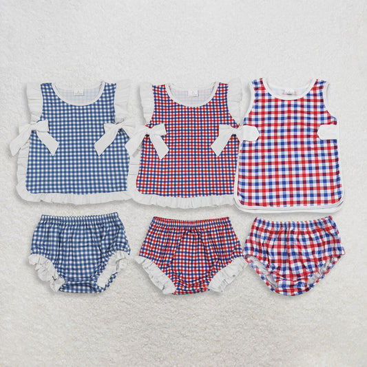 RTS NO MOQ Sibling milk silk Baby Girls Checked Bows Tunic Bummies Clothes Sets