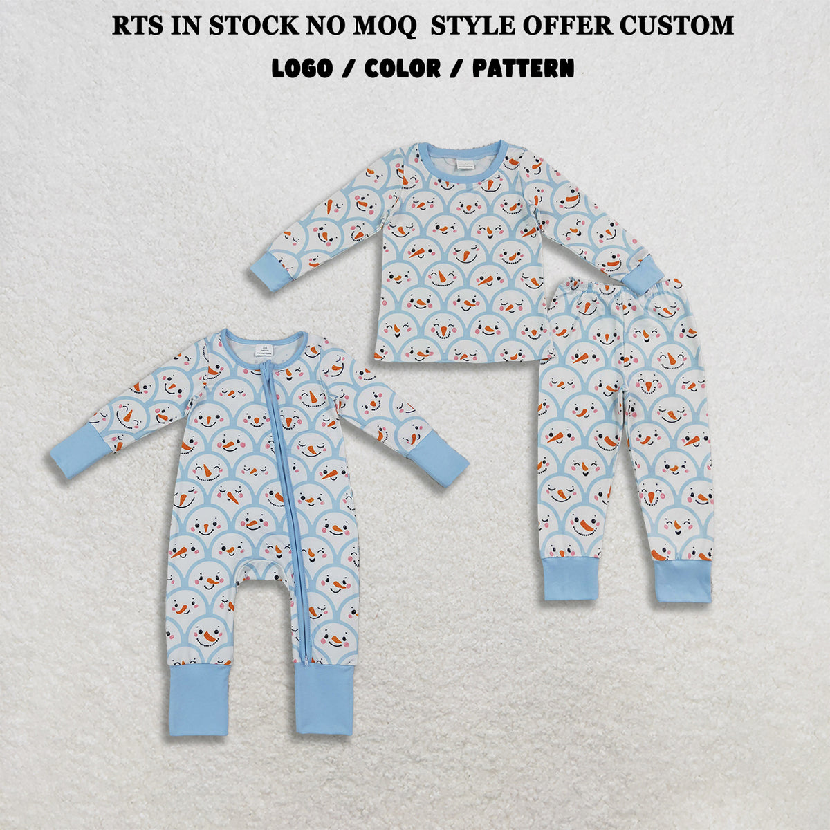 RTS NO MOQ Sibling milk silk Baby Boys Snowman Print Long Sleeve Pajama Set And Baby Front Zip Snowman Rompers