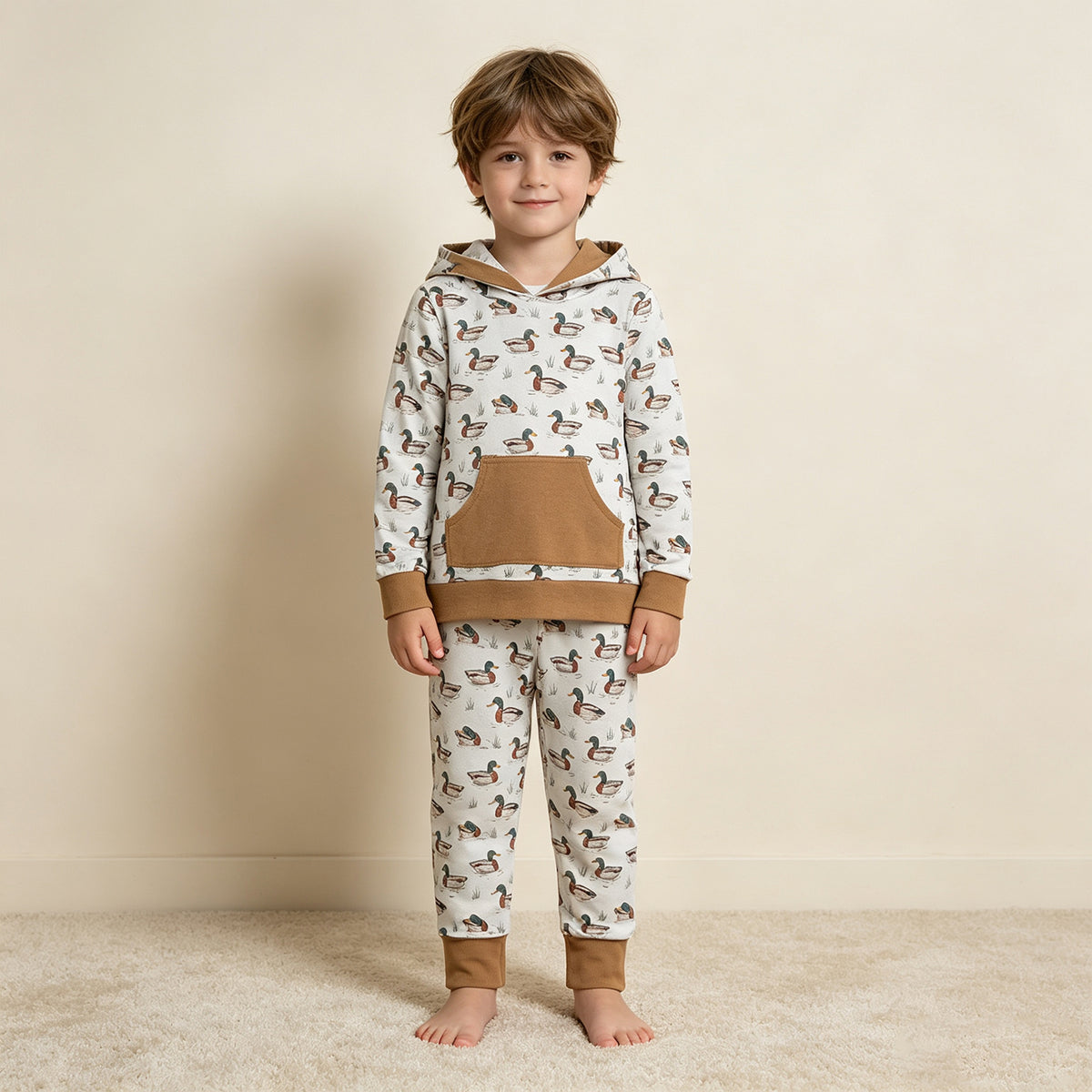 NEW RTS NO MOQ milk silk BLP1510 Baby Boys Ducks Pocket Hoodie Jogger Pants Hunting Clothes Set