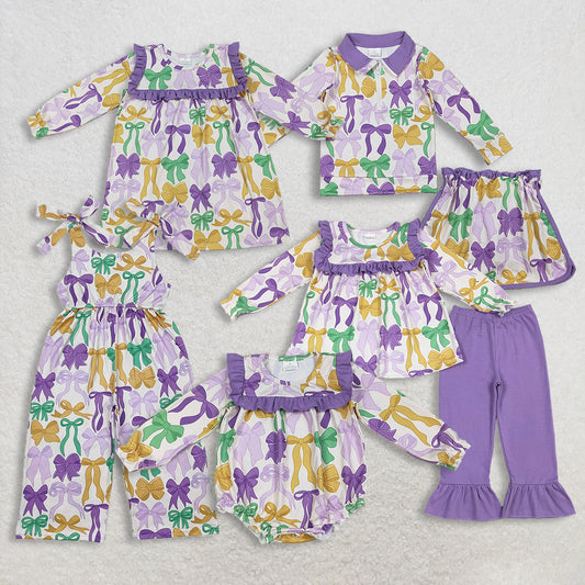 3/6m-7/8t RTS NO MOQ Sibling Baby girl clothes mardi gras bow long-sleeved trousers suit & rompers and top and skirts sets