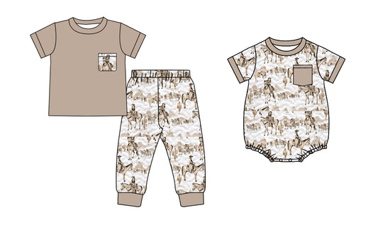 4.28 custom each style moq 5eta 4-6week Sibling Sisters riding horse baby boy short sleeve pants sets and rompers match family design