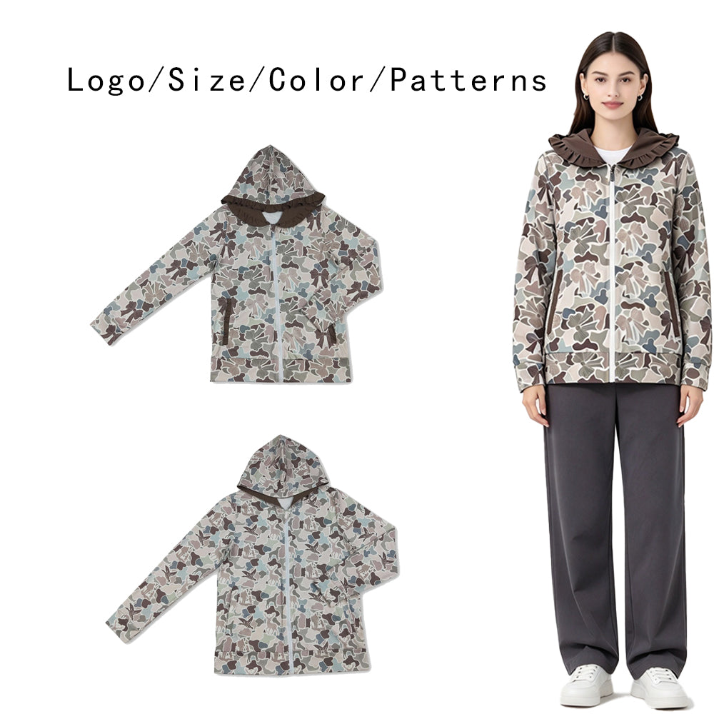 RTS NO MOQ Sibling milk silk Adult Women And Men Camo Print Zip Up Hooded Jacket