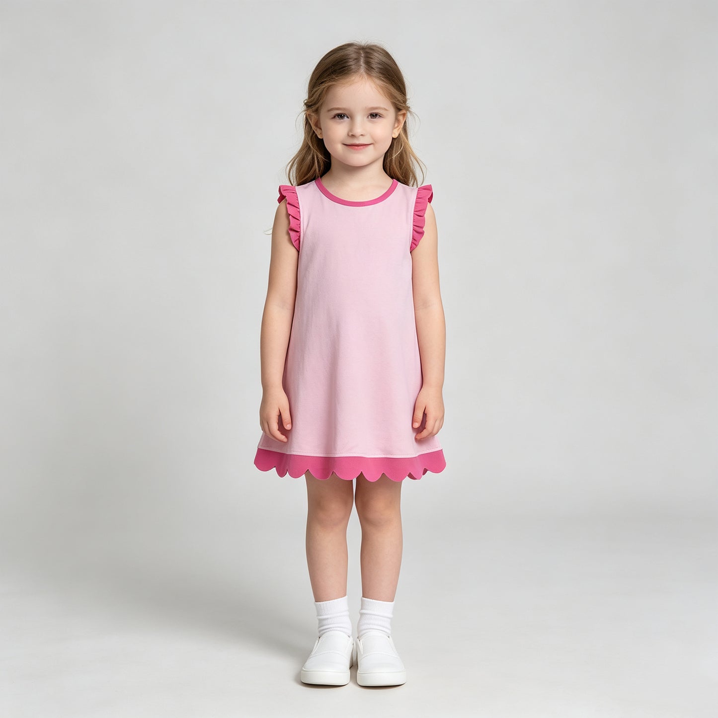RTS NO MOQ milk silk GSD4052 Baby Girls Sleeveless Scallop Trim Knee Length Casual Dresses