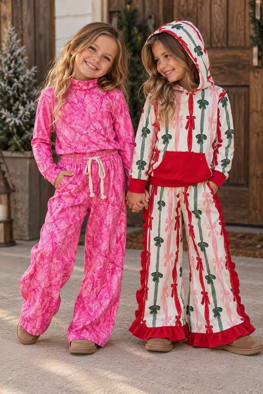 RTS NO MOQ Sibling milk silk Baby Girls Christmas Bow Stripe And Pink Marble Print Holiday Matching Clothes