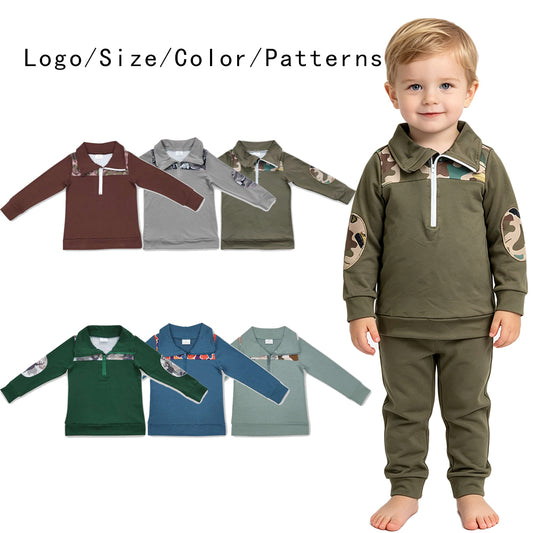 RTS NO MOQ Sibling milk silk Baby Boys Quarter Zip Collar Pullover Top With Camo