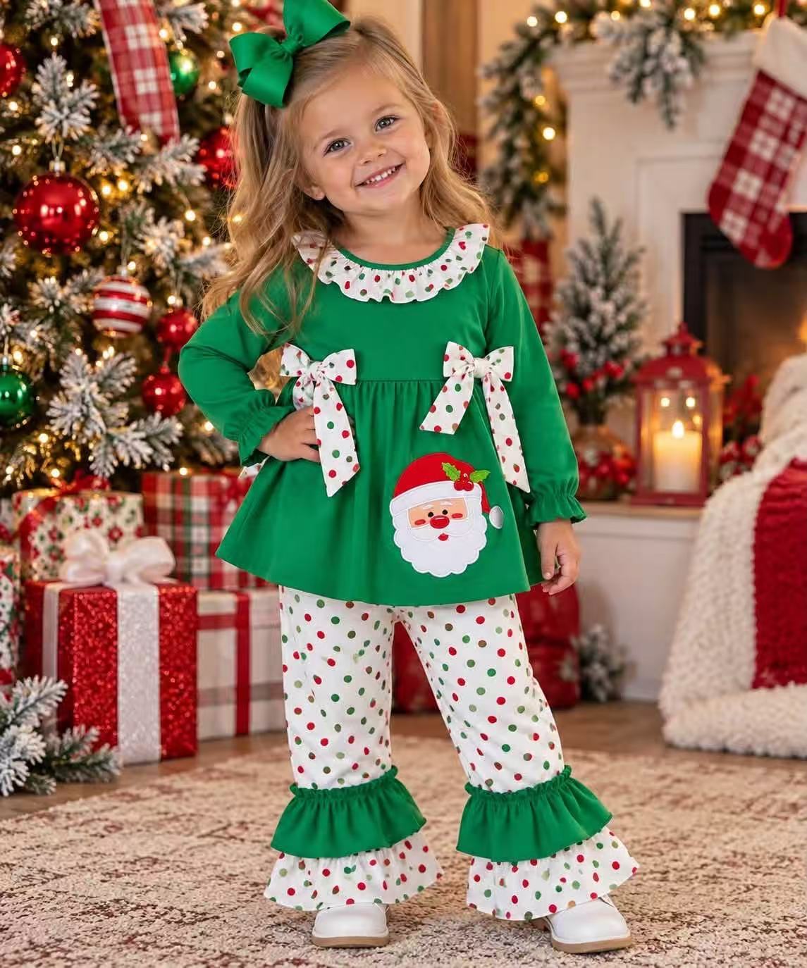 GLP0163 girls christmas outfit long sleeve and long pants Santa Claus print