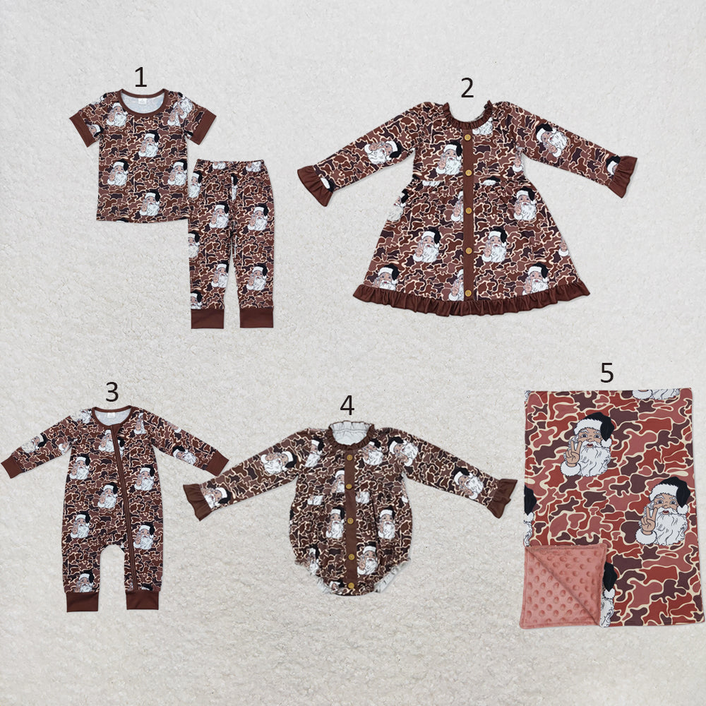 RTS NO MOQ Sibling milk silk Baby Girls And Boys Camo Santa Print Top Pants Pajamas Sets Dress Rompers Blankets
