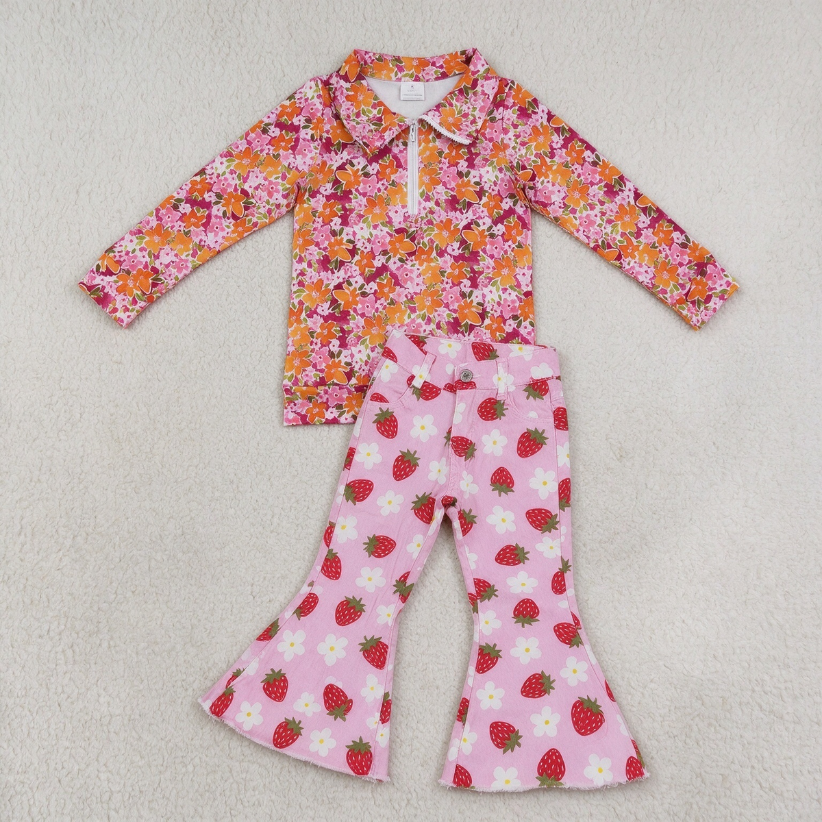 NEW RTS NO MOQ Denim GT1652+ P0396 Baby Girls Pink Floral Half Zip Collar Long Sleeve Top Strawberry Flower Bell Bottom Denim Pant Set