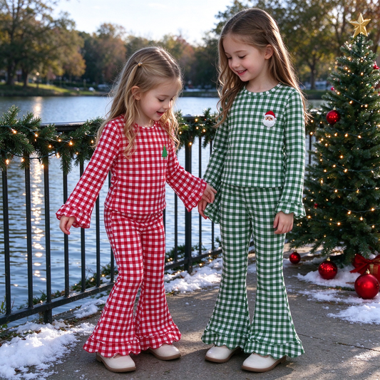 RTS NO MOQ Sibling milk silk Baby Girls Christmas Gingham Santa Tree Embroidery Top Scallop Bell Bottom Pants Set