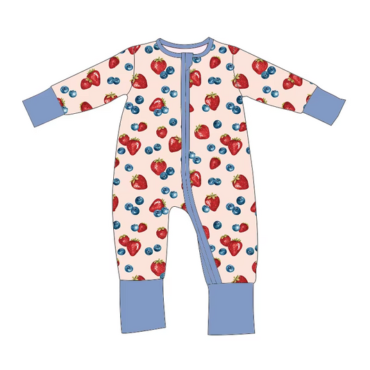 Custom moq 3 eta 6-8 weeks Fruit strawberry and blueberry pattern lotus pink long-sleeved zip-up romper