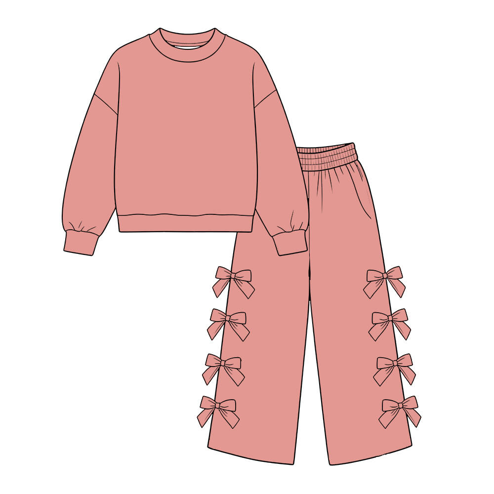 custom moq 5 mix size Baby Girls Solid Dusty Long Sleeve Sweatshirt And Bow Wide Leg Trouser Set